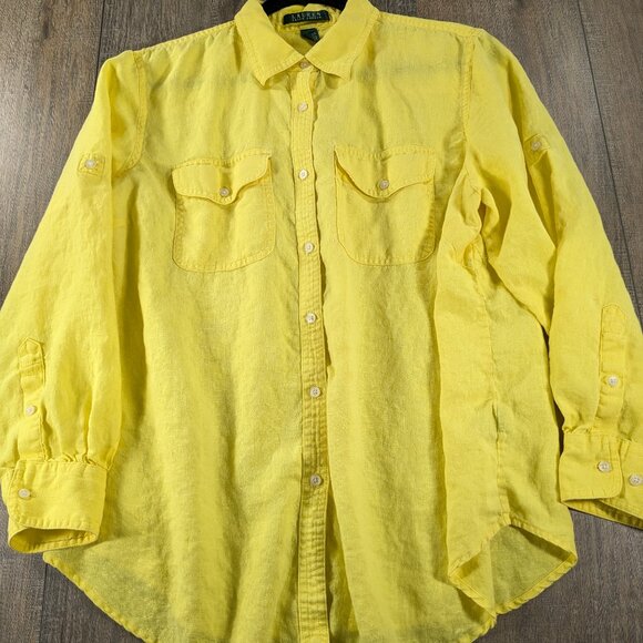 Lauren Ralph Lauren Top Womens 1X Yellow 100% Linen Button Up Roll Tab Sleeve - Picture 1 of 10